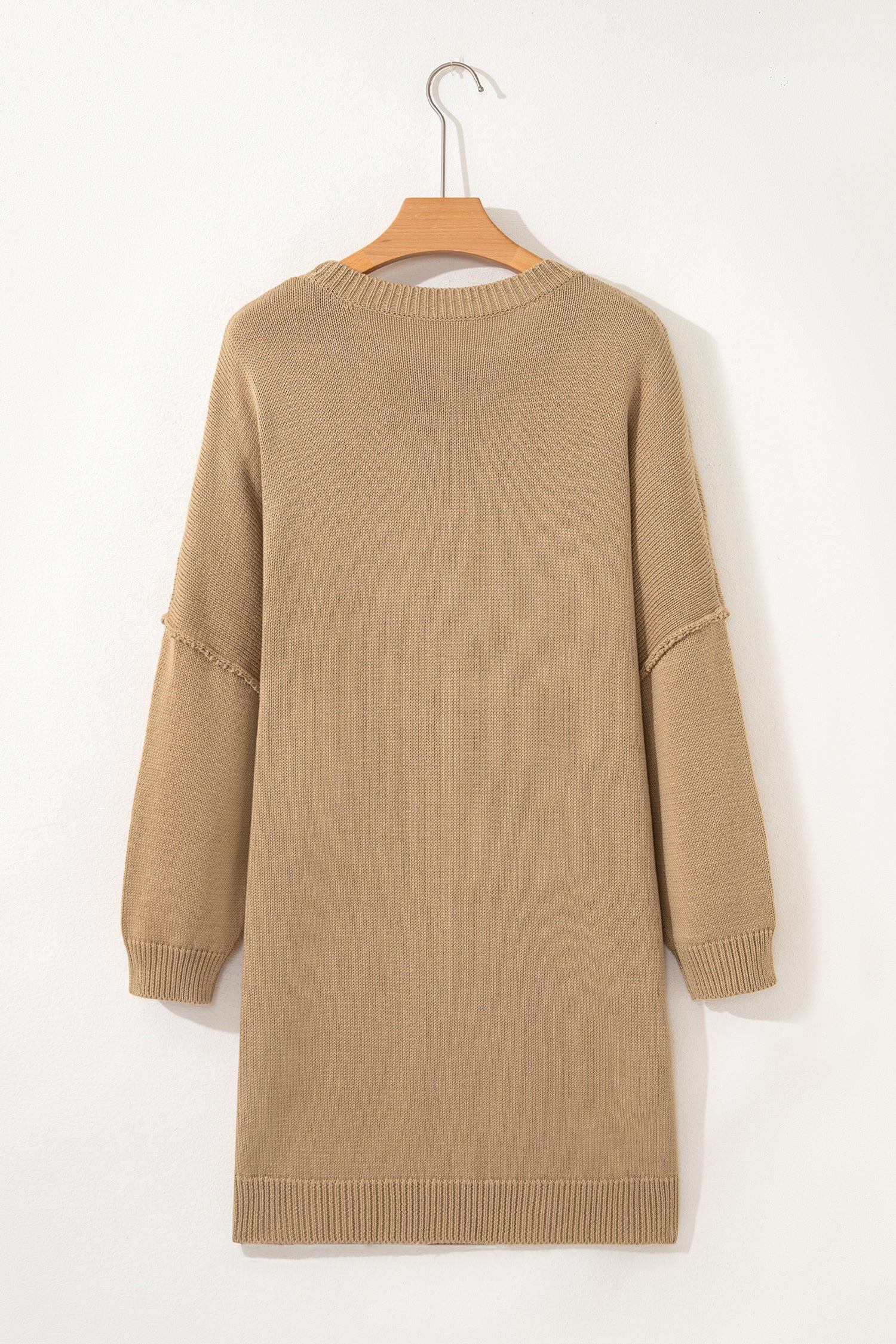 Pale Khaki Exposed Seam Drop Shoulder Oversize Sweater Mini Dress