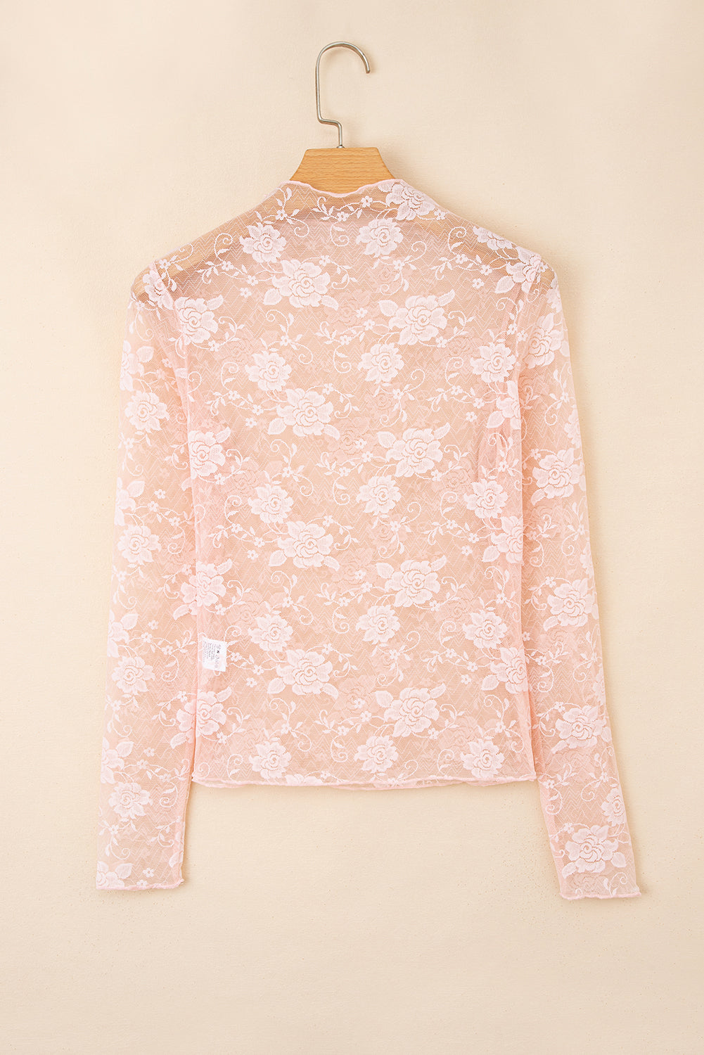 Apricot Pink Sheer Floral Lace Mesh Mock Neck Long Sleeve Top