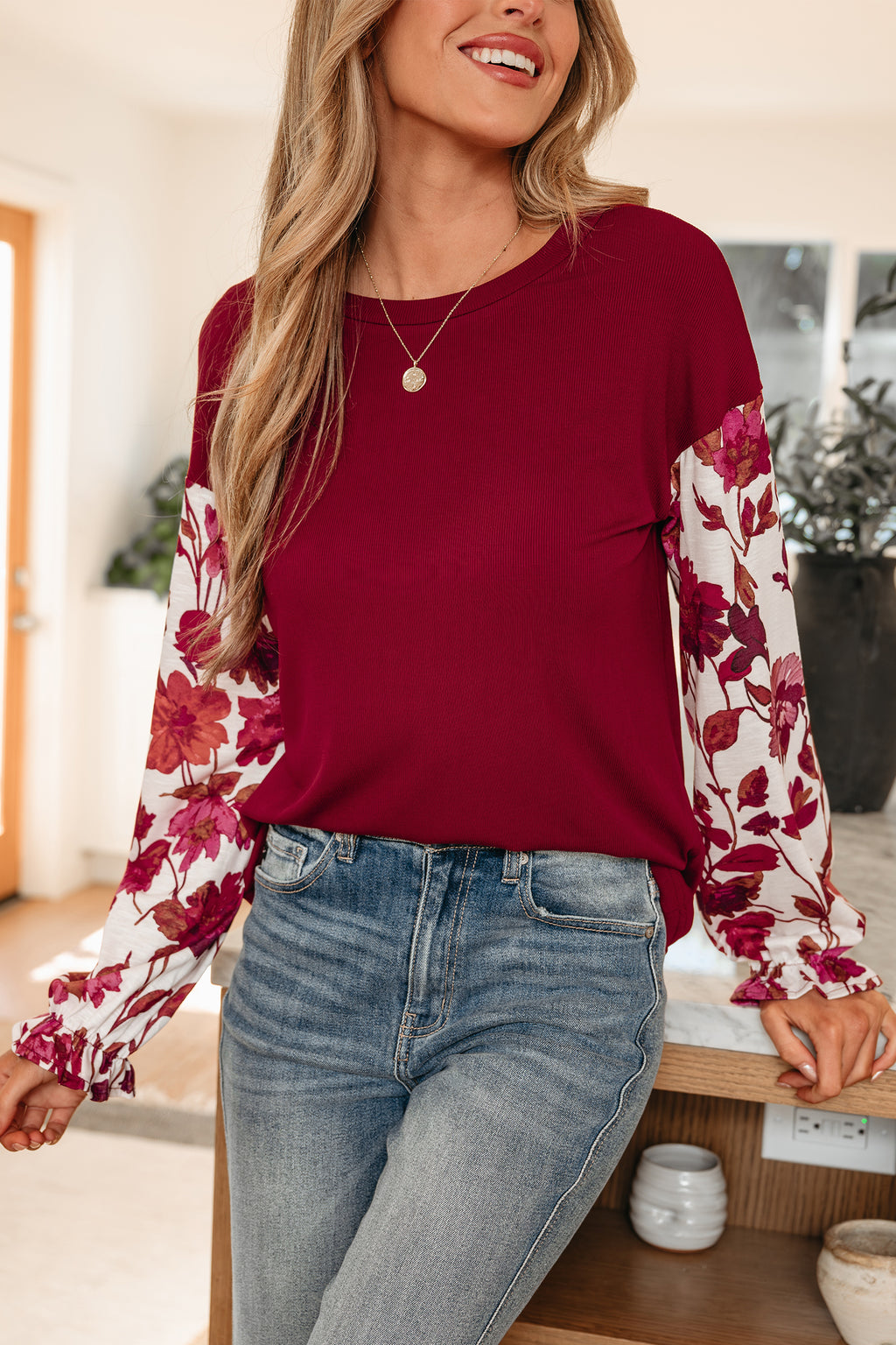 Wild Ginger Contrast Floral Sleeve Solid Ribbed Body Patchwork Long Sleeve Top