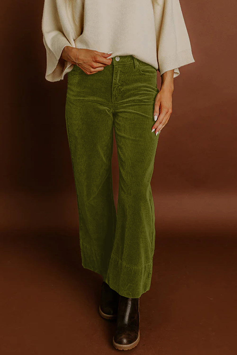 Vineyard Green Corduroy Solid Color High Waist Wide Leg Pants