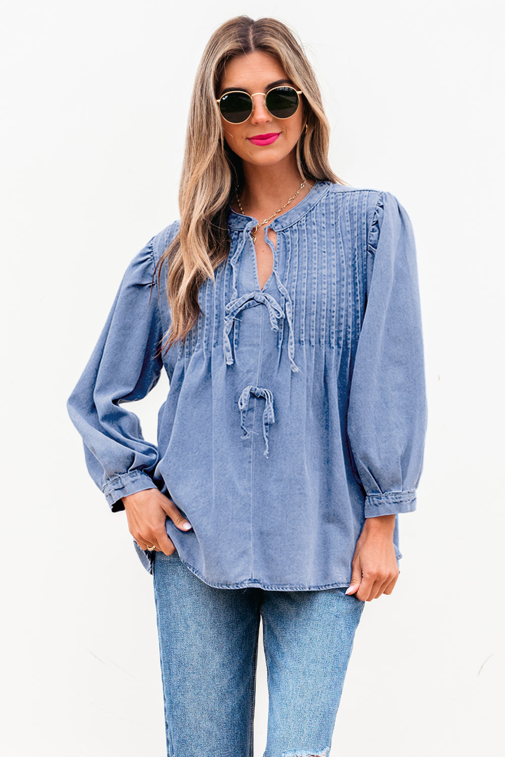Myosotis Denim Front Pintuck Bow Tie Puff Sleeve Top