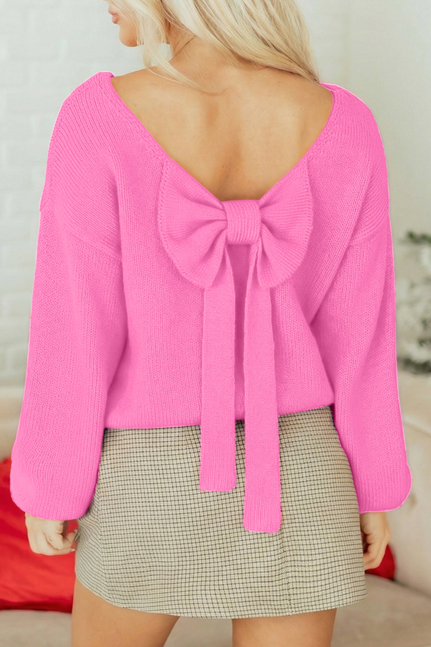 Bonbon Festive Bow Backless Bubble Sleeve Sweater