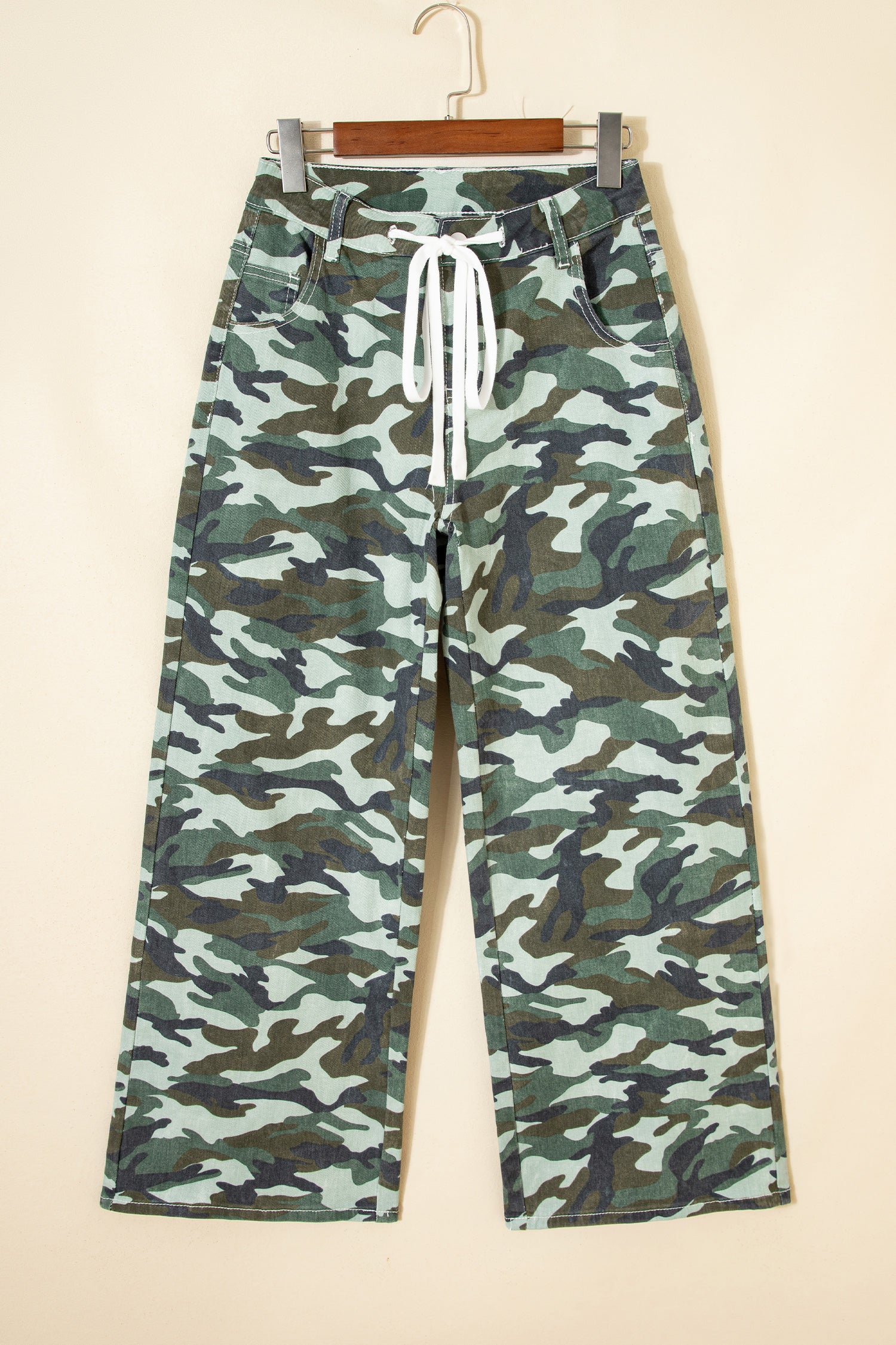 Green Camouflage Print Wide Leg Drawstring Denim Pants