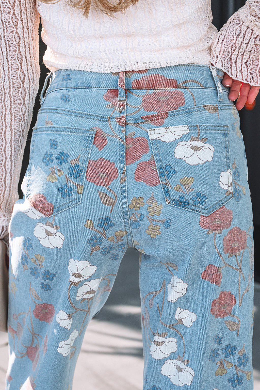 Sky Blue Floral Printed Raw Hem Shift Jeans