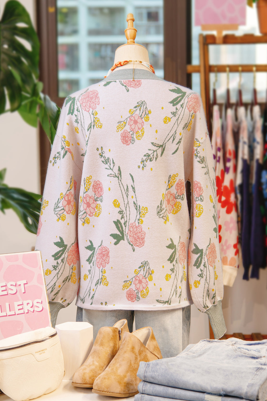 Pink Floral Pattern Striped V Neck Loose Sweater