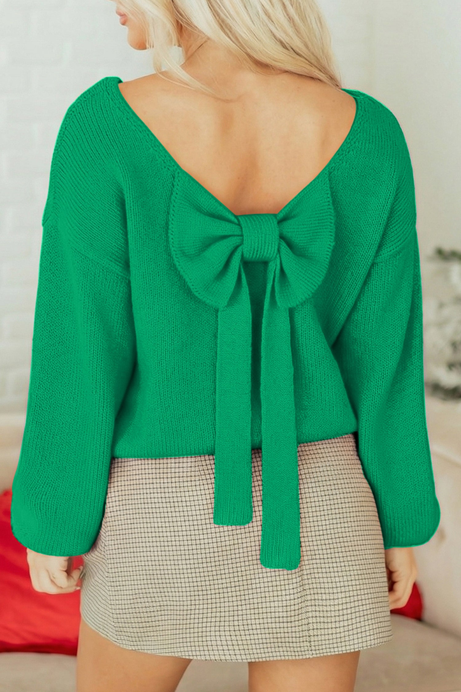 Bright Green Bow Backless Bubble Sleeve Sweater