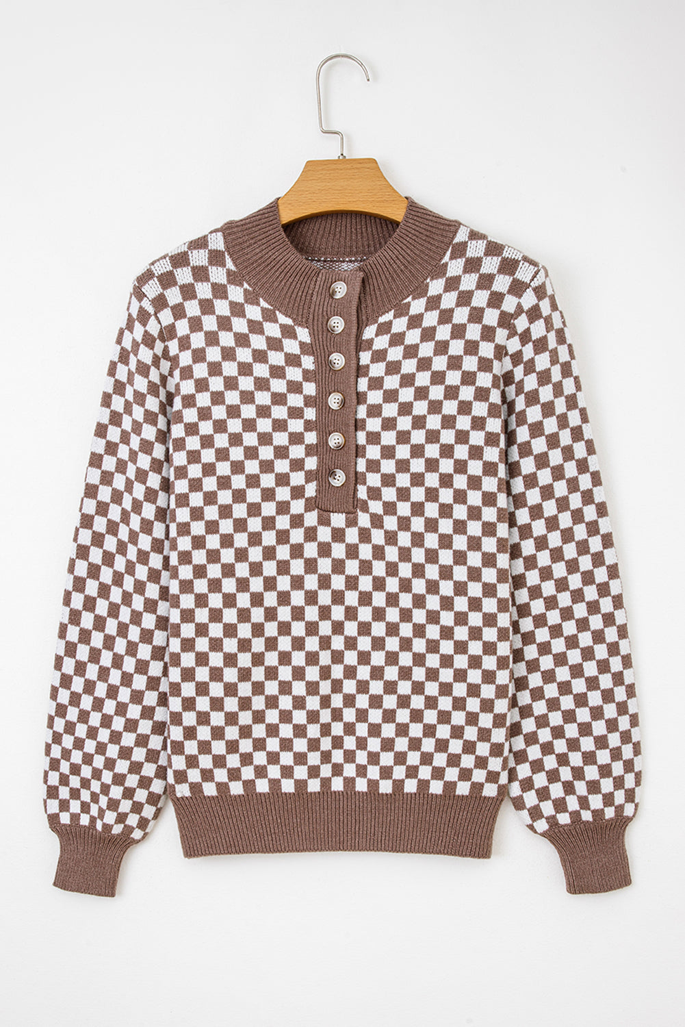 Dark Brown Half Button Ribbed Trim Checkerboard Knit Sweater