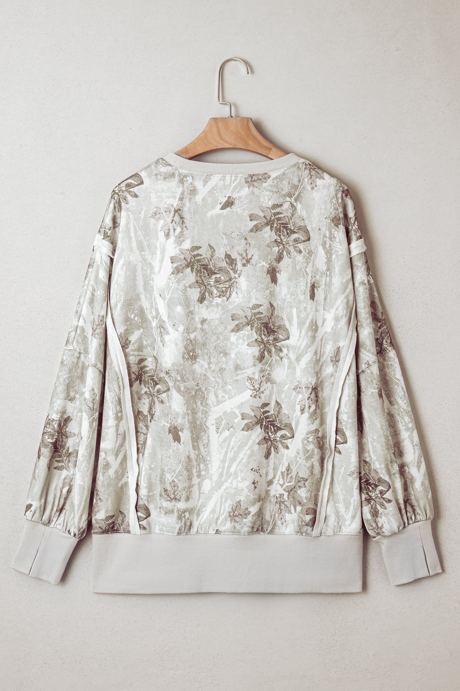 Gray Leafy Camo Print Exposed Seam Patchwork Baggy Slit Sweatshirt