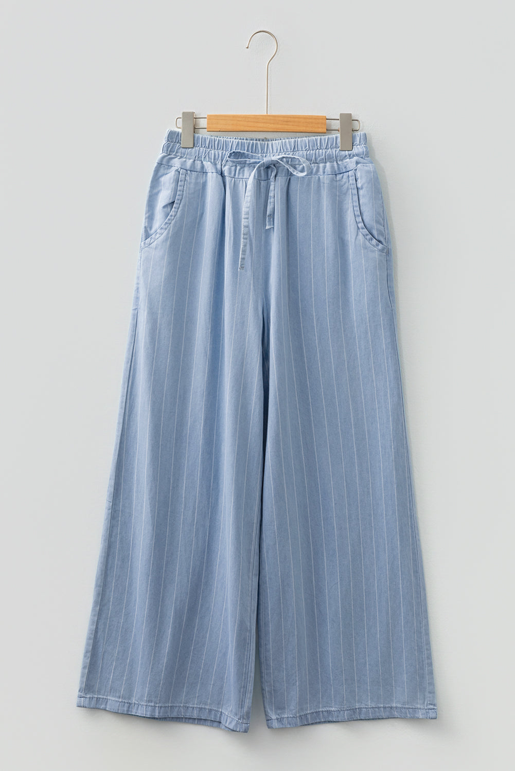 Sky Blue Stripe Chambray Wide Leg Tied Elastic Waist Trousers