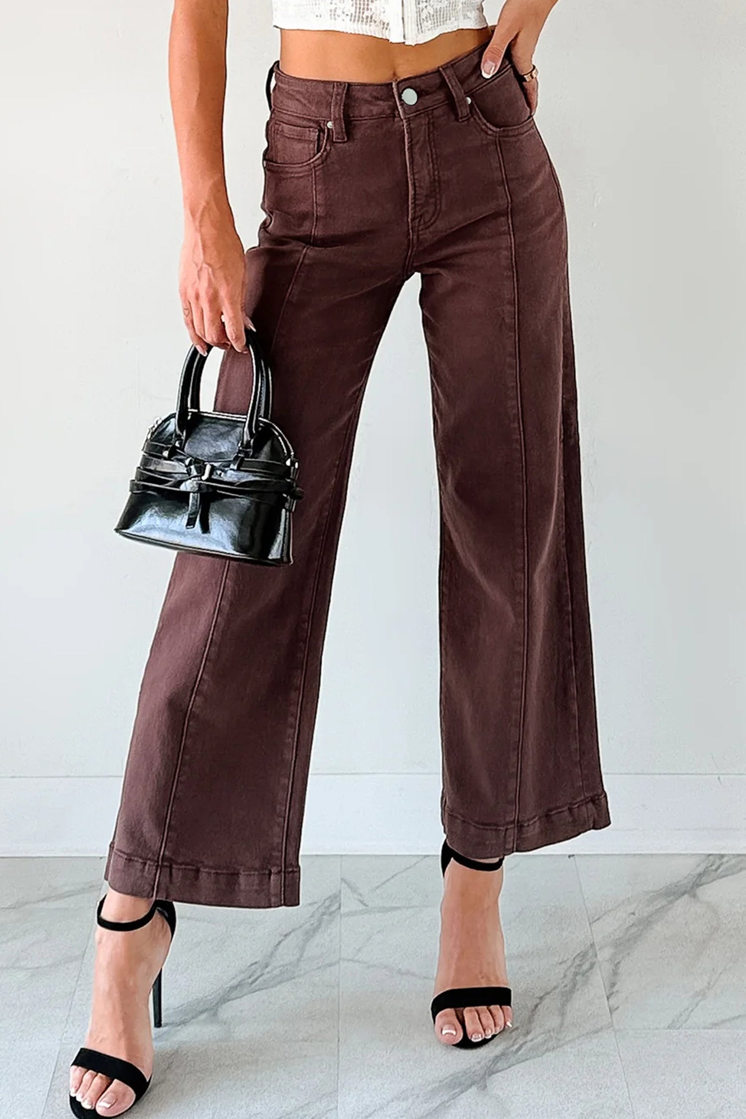 Red Sandalwood Solid Color Seamed Center Wide Leg Cropped Jeans
