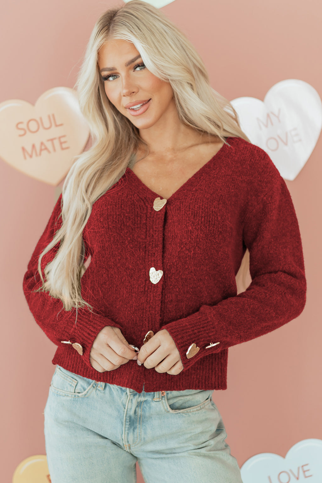 Fiery Red Heart Metal Button V Neck Cardigan Sweater
