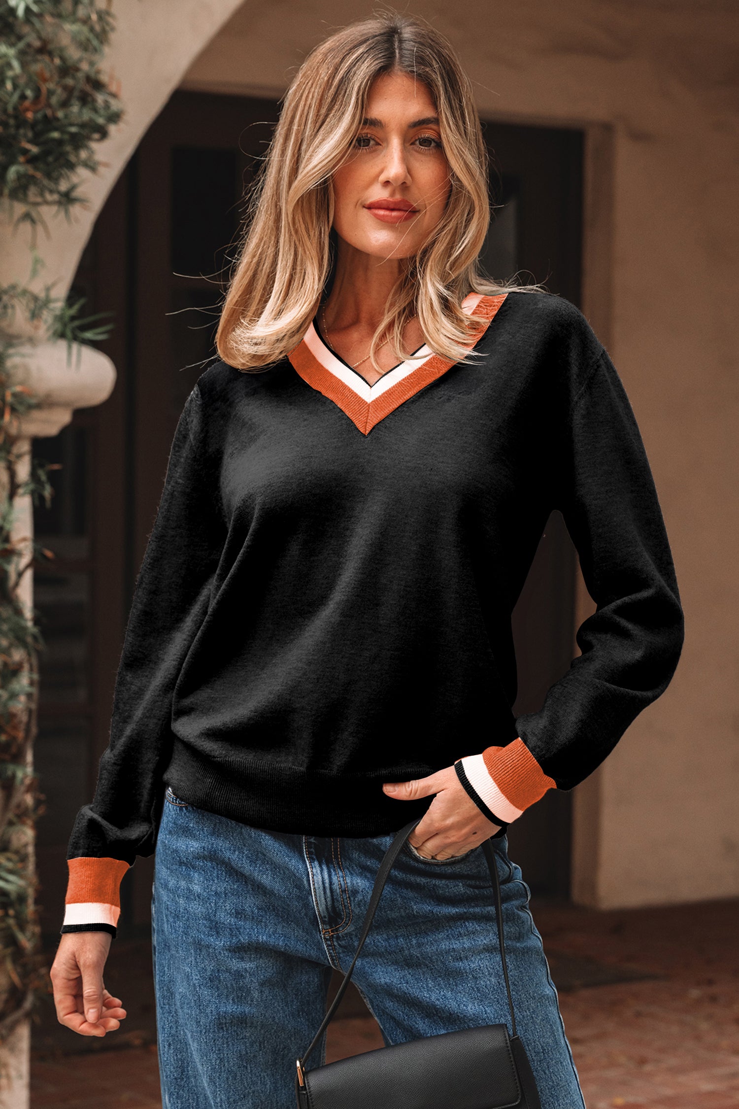 Black Contrast Striped Trim V Neck Varsity Sweater