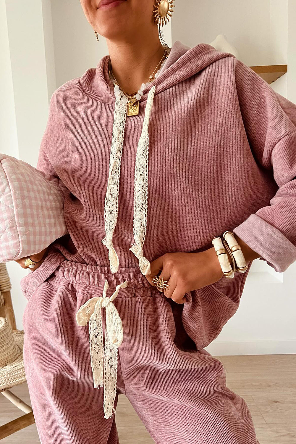 Rose Tan Lace Drawstring Pullover Hoodie and High Waist Pants Corduroy Suit
