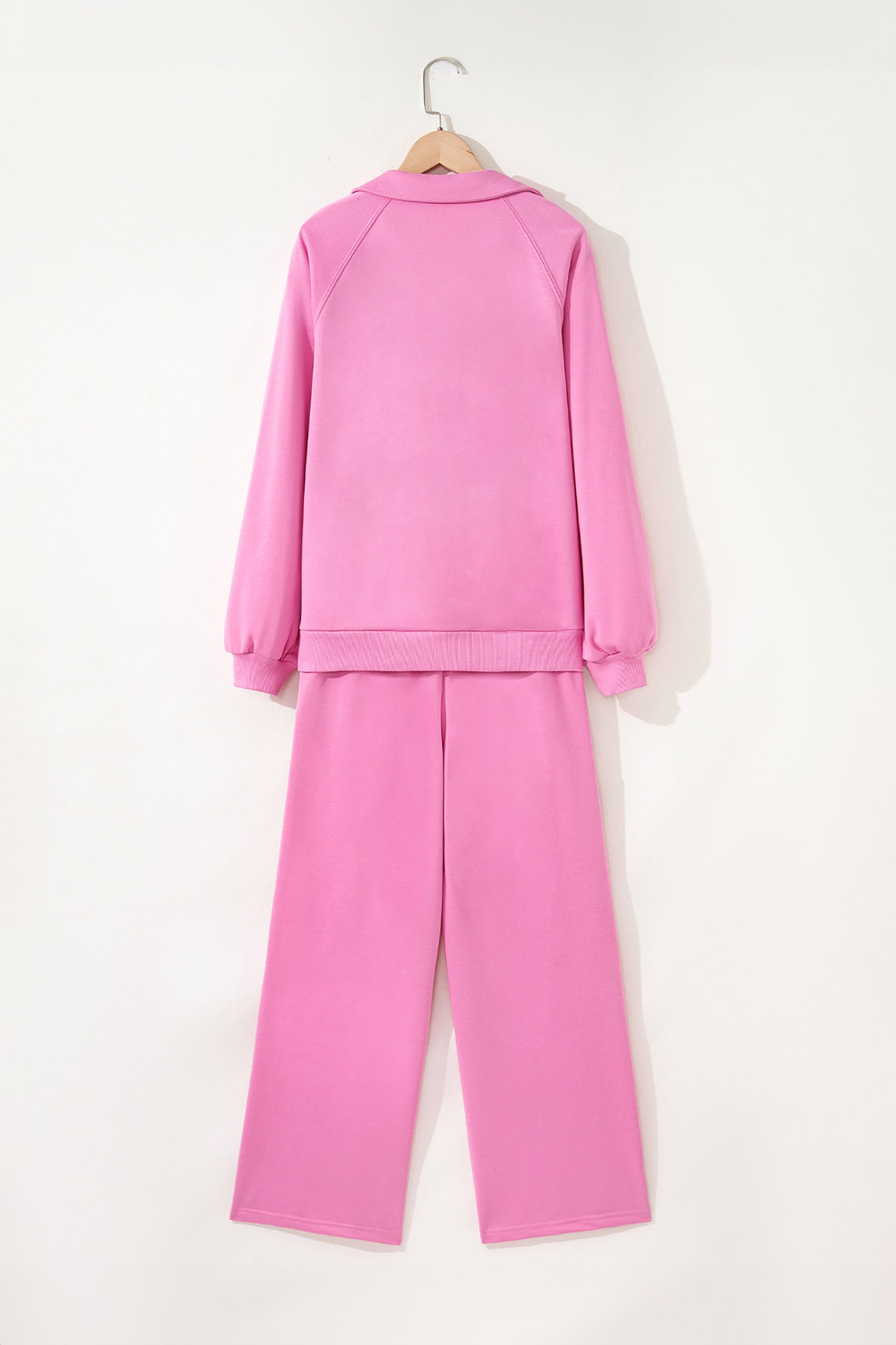 Bright Pink Polo Collar V Neck Pullover and Drawstring Sweatpants Set
