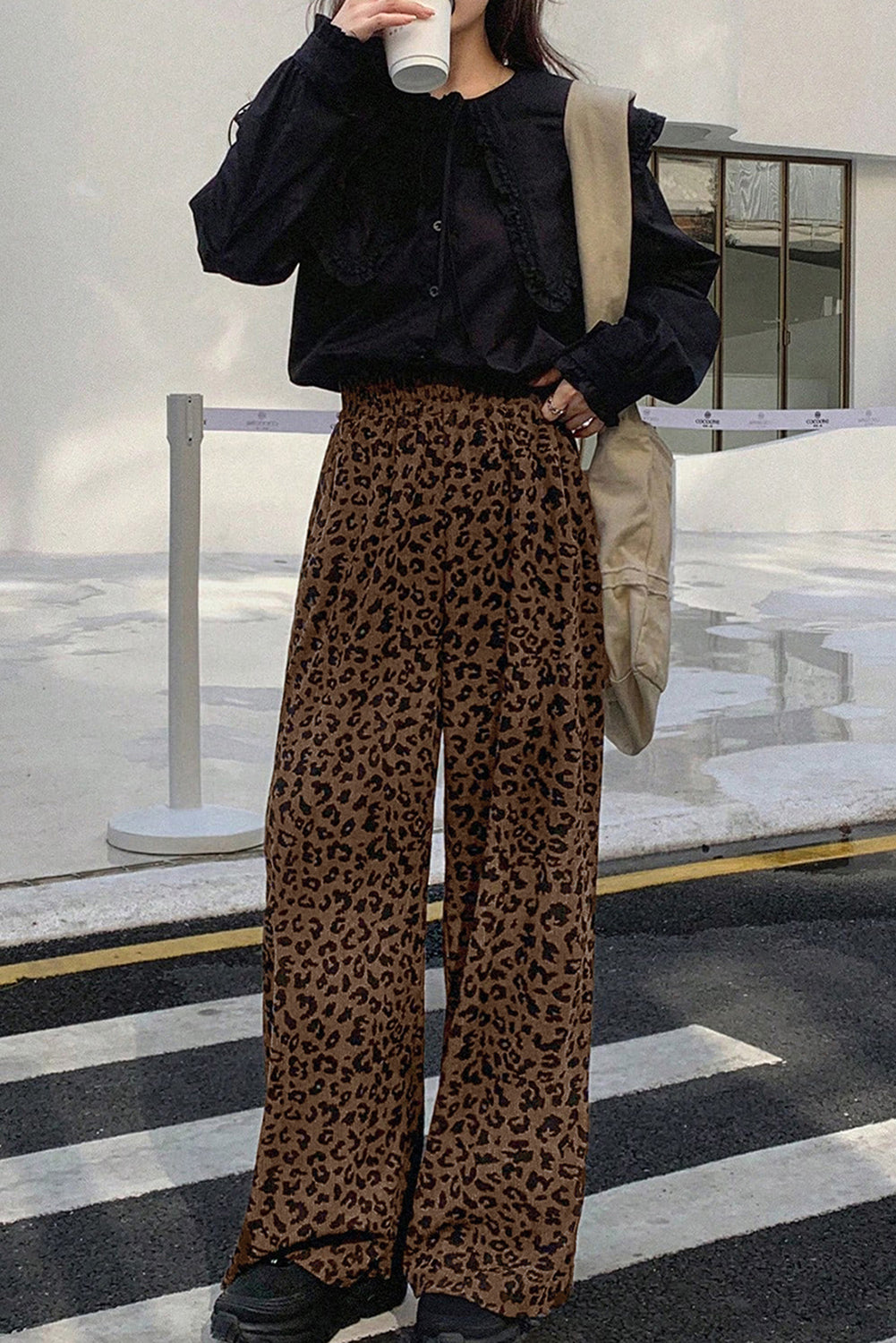 Dark Brown Leopard Print Elastic High Waist Loose Corduroy Pants