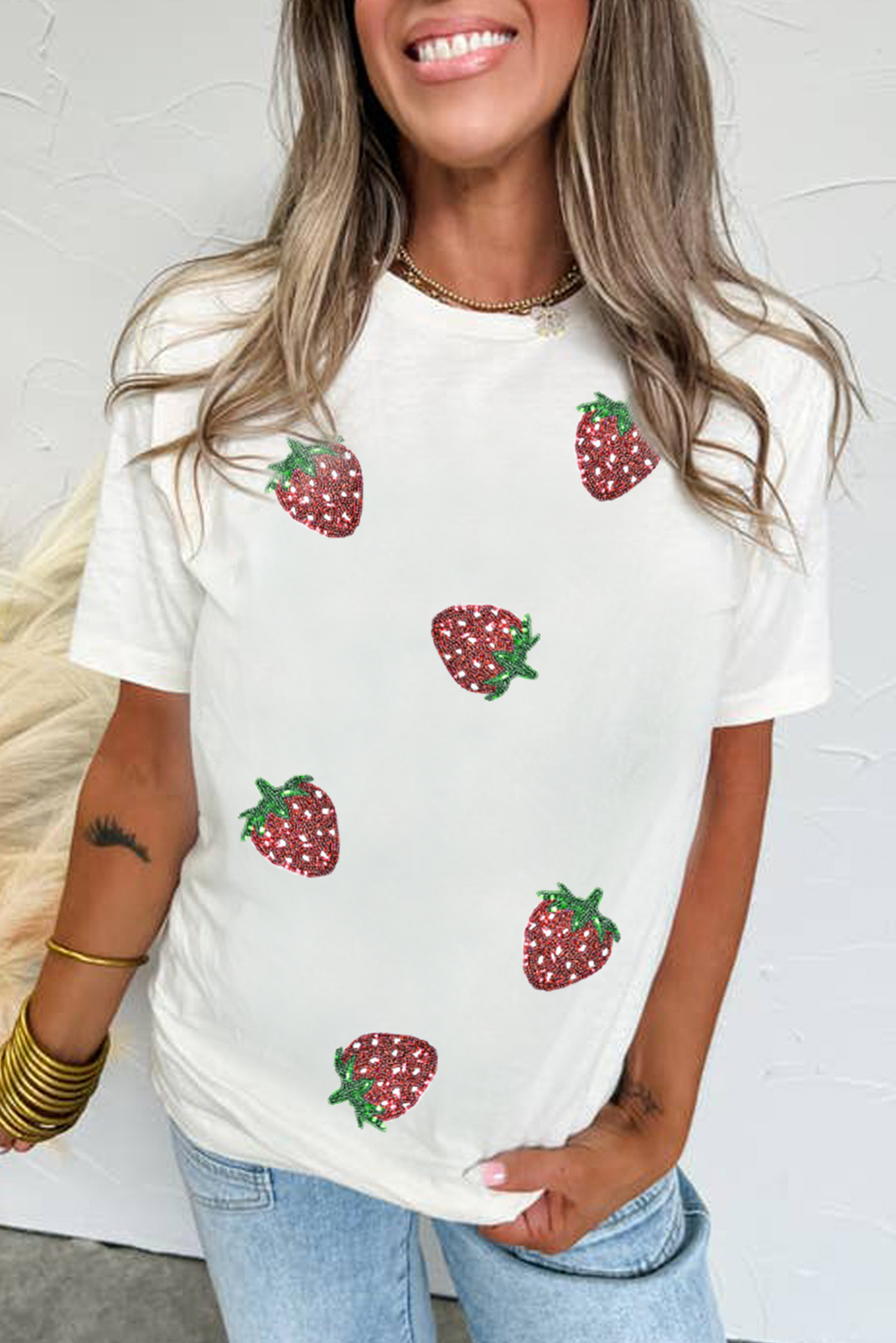 White Sequin Strawberry Patched Crew Neck T Shirt