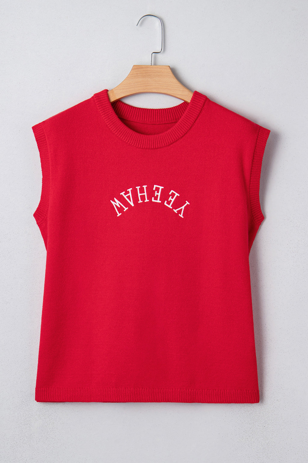 Fiery Red YEEHAW Embroidered Letter Loose Short Sleeve Sweater