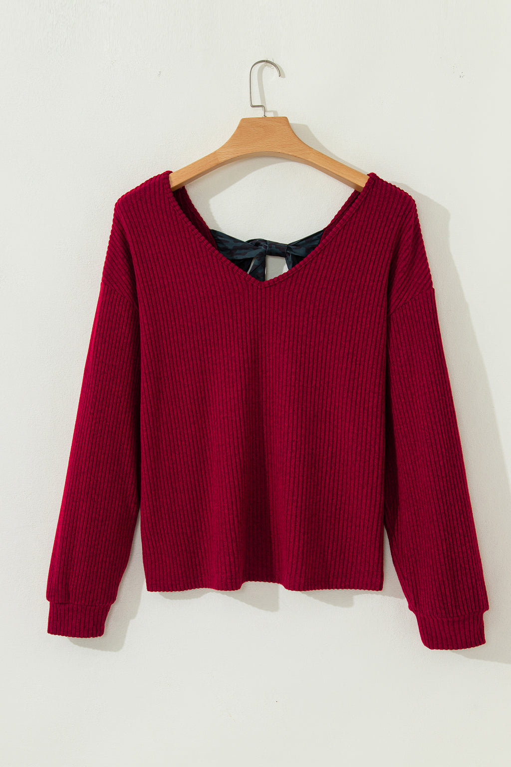 Racing Red Ribbed V Neck Contrast Ribbon Bow Back Drop Shoulder Long Sleeve Top