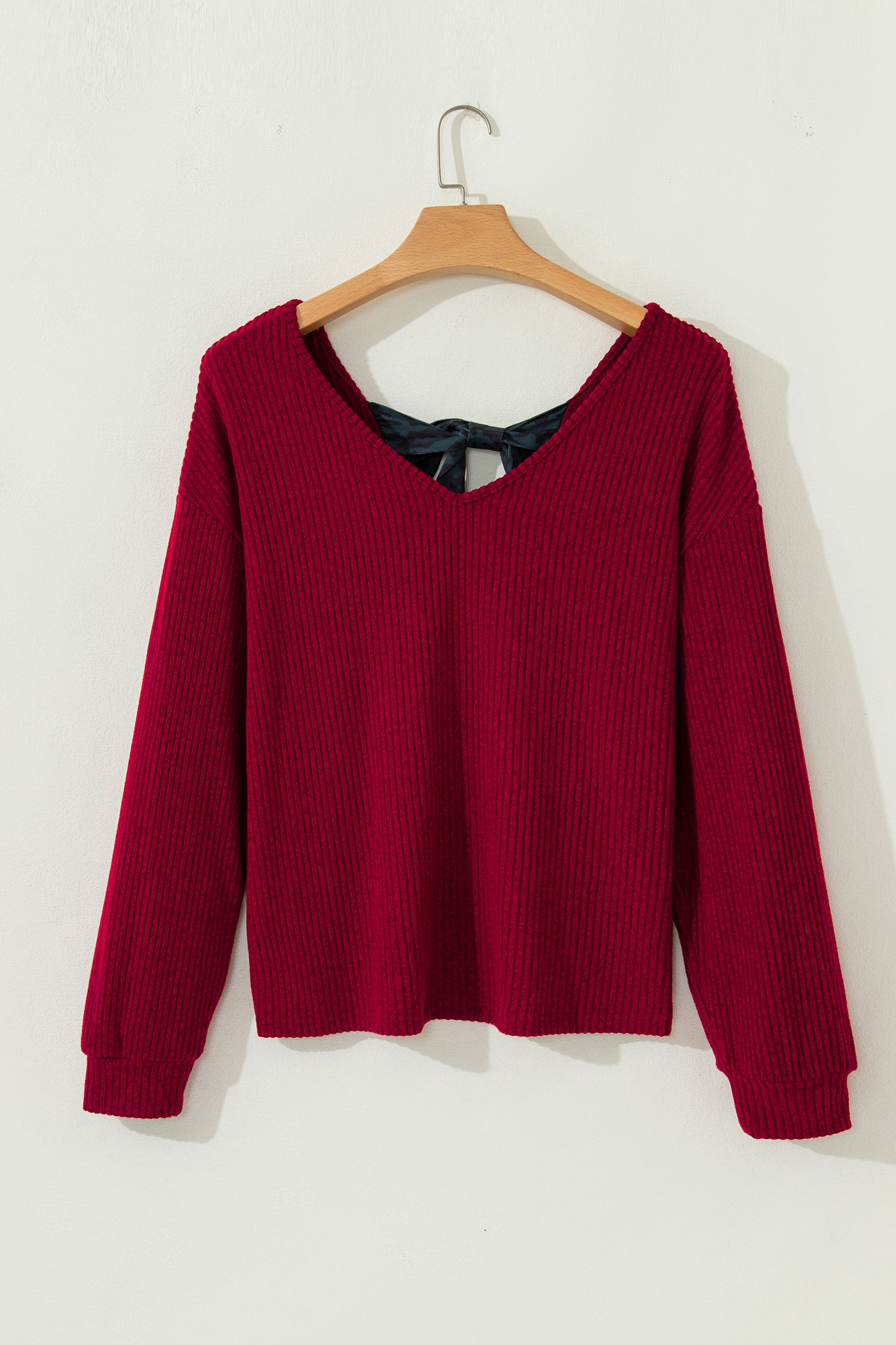 Racing Red Ribbed V Neck Contrast Ribbon Bow Back Drop Shoulder Long Sleeve Top