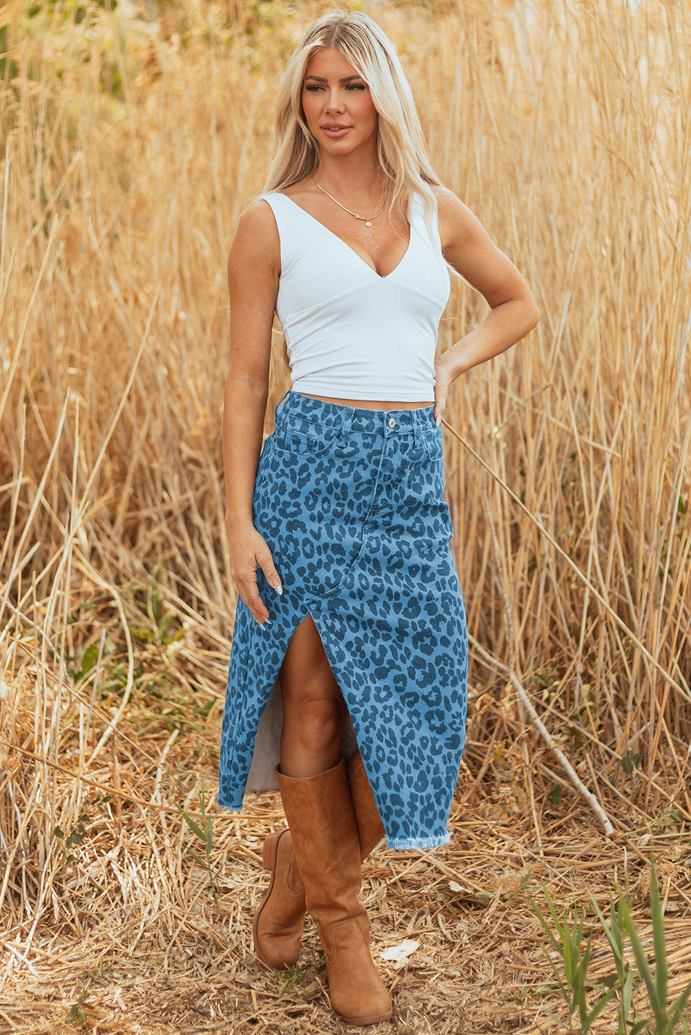 Sky Blue Leopard Denim Frayed Split Denim Midi Skirt