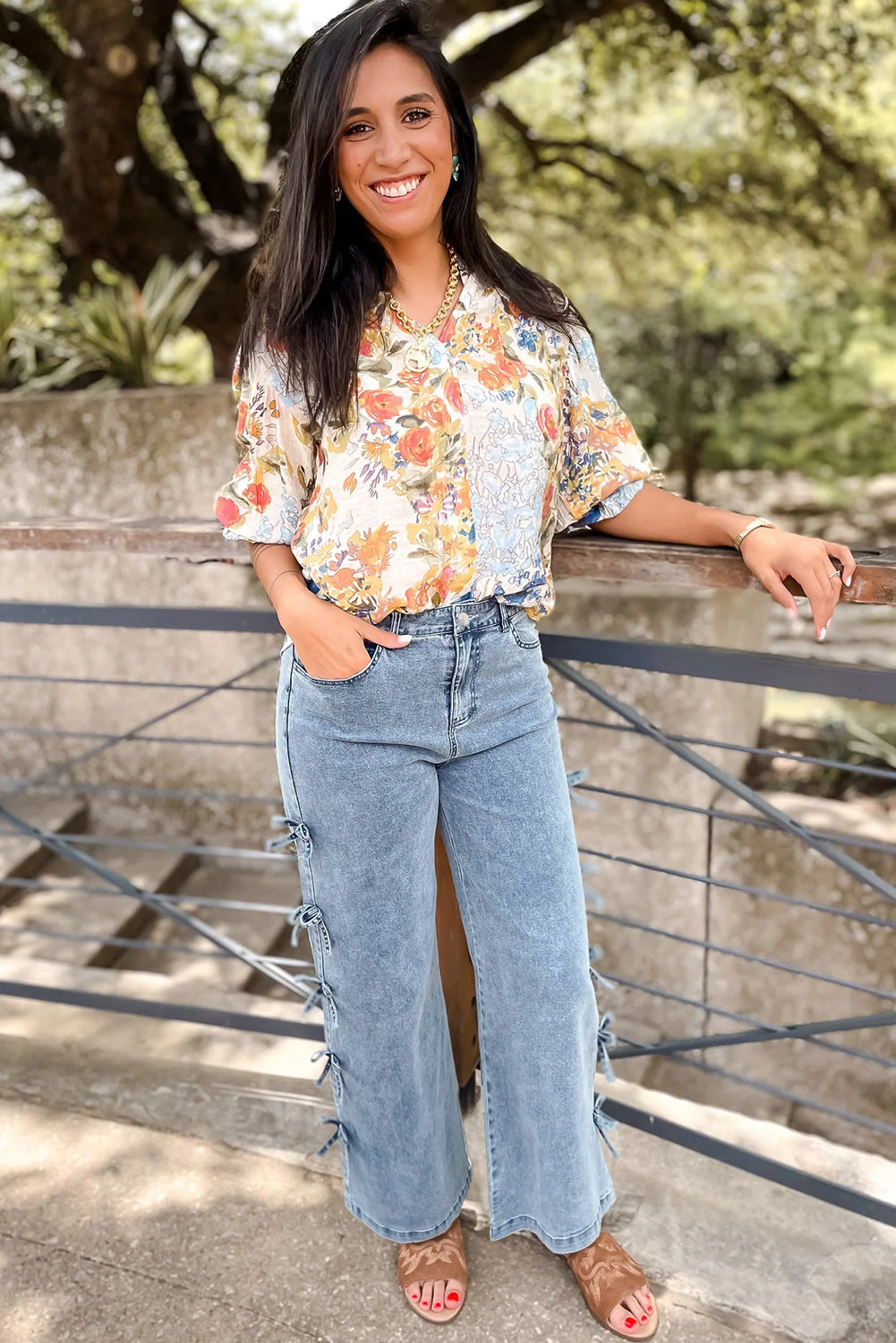 Beau Blue Bow Knot Side Detail Straight Leg Loose Jeans