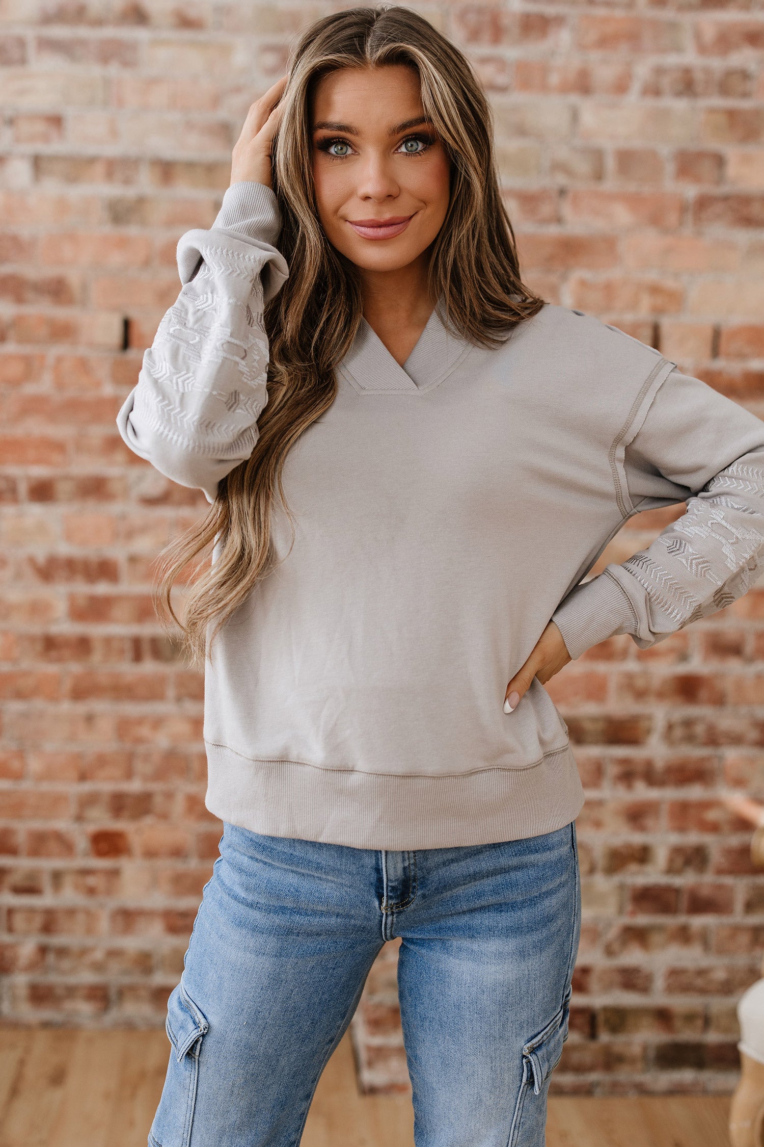 Parchment Aztec Embroidered Western V Neck Sweatshirt