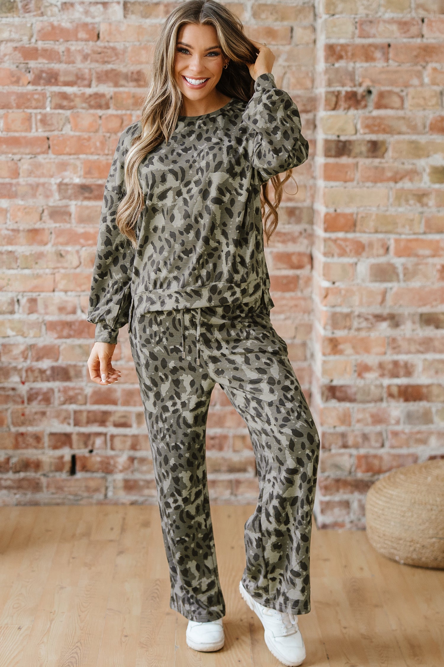 Gray Leopard Print Raw Seam Patchwork Pullover Drawstring Loose Pant Set