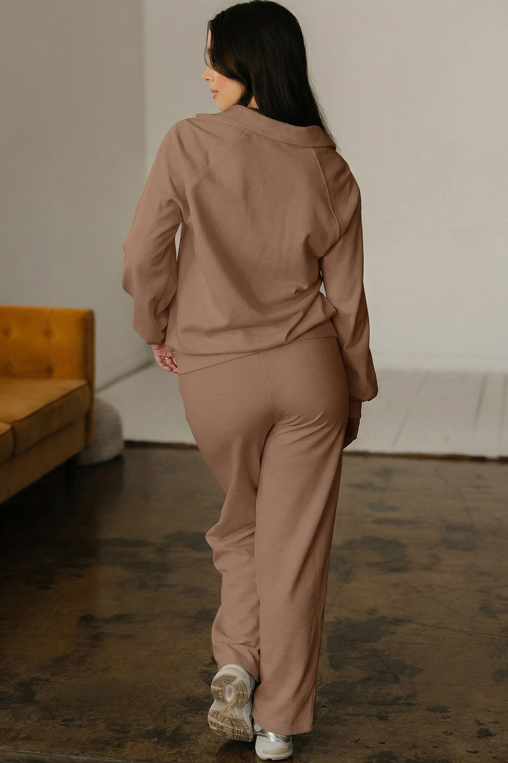 Dark Khaki Polo Collar V Neck Pullover and Drawstring Sweatpants Set