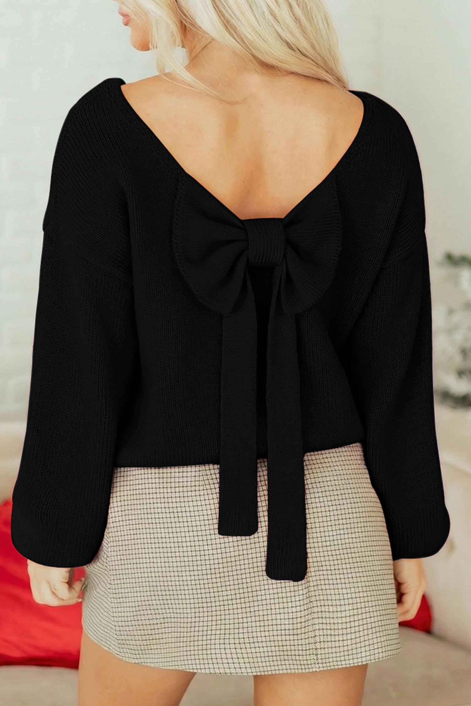 Black Bow Backless Bubble Sleeve Sweater