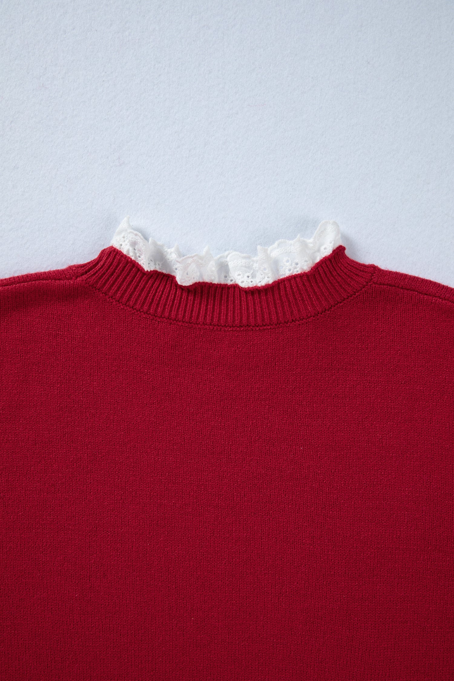 Racing Red Lace Trim Patchwork Buttoned Cuffs Loose Sweater