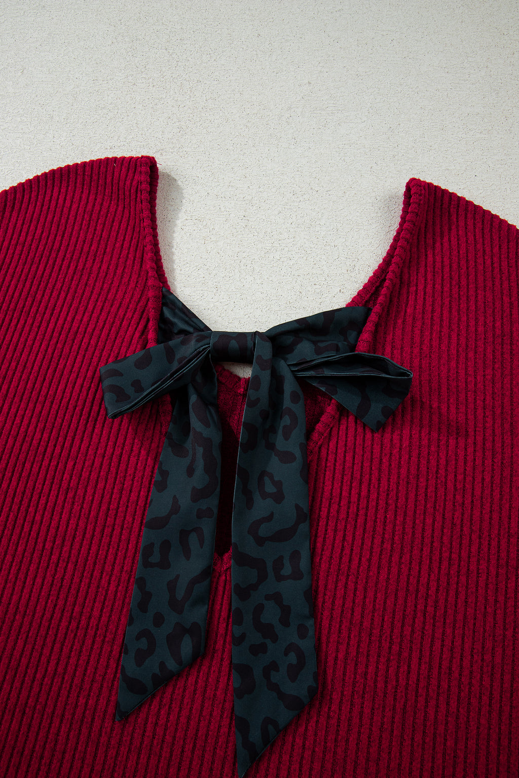 Racing Red Ribbed V Neck Contrast Ribbon Bow Back Drop Shoulder Long Sleeve Top