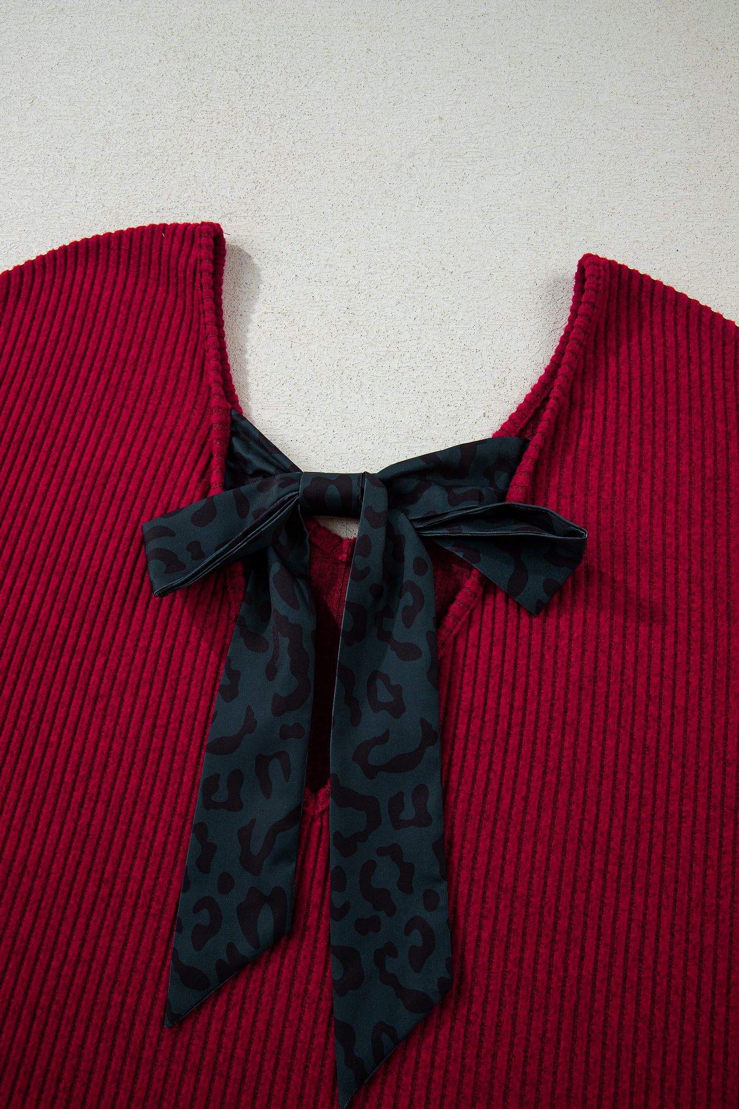 Racing Red Ribbed V Neck Contrast Ribbon Bow Back Drop Shoulder Long Sleeve Top