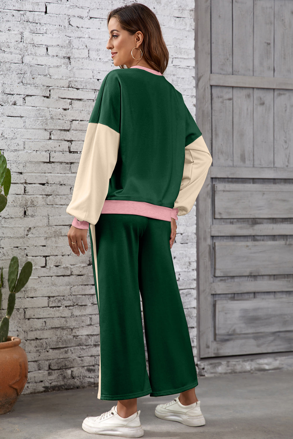 Blackish Green 2pcs Color Block Pullover Loose Pant Set