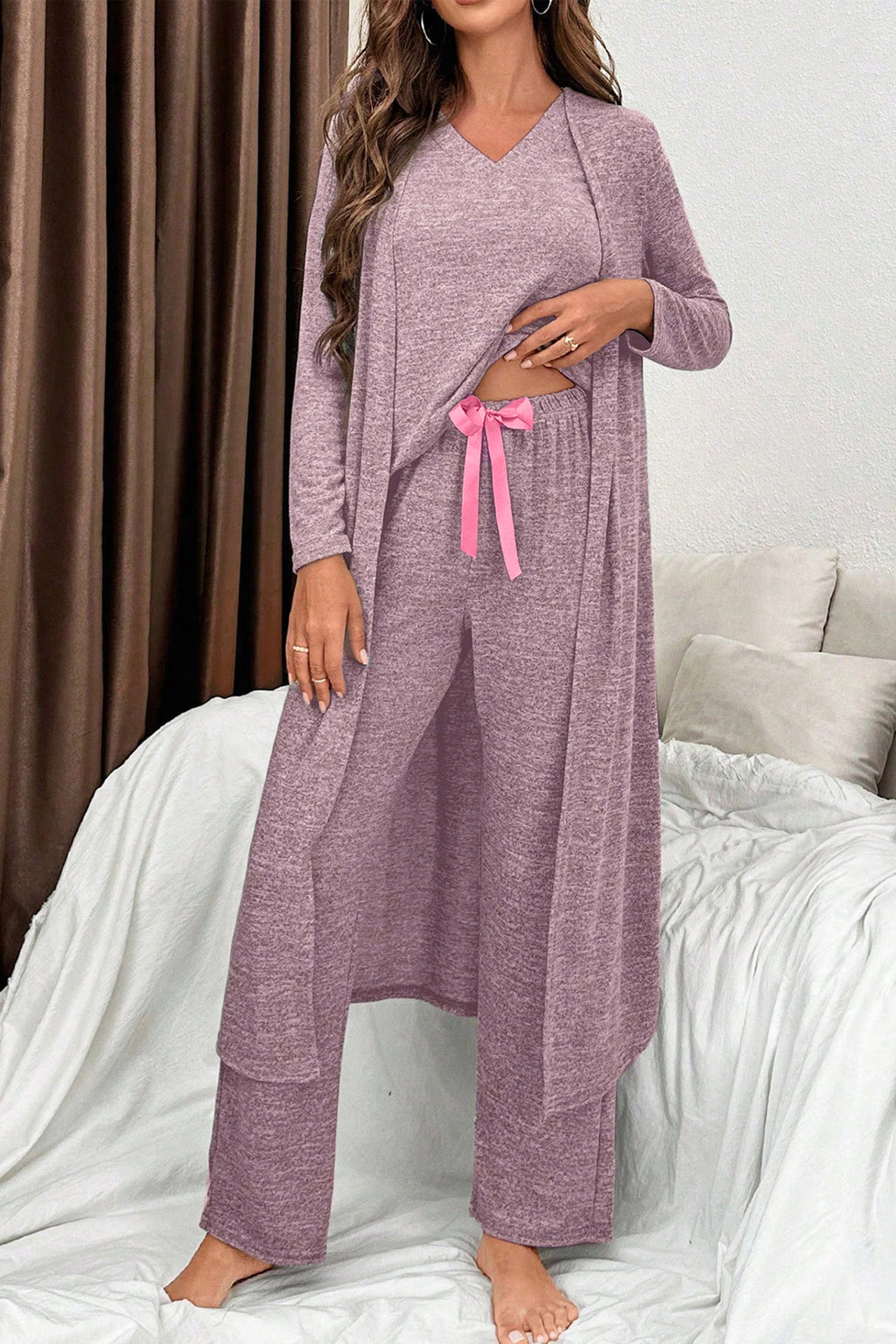Delicacy 3pcs V Neck T Shirt Ribbon Knot Pants Open Duster 3pcs Lounge Set