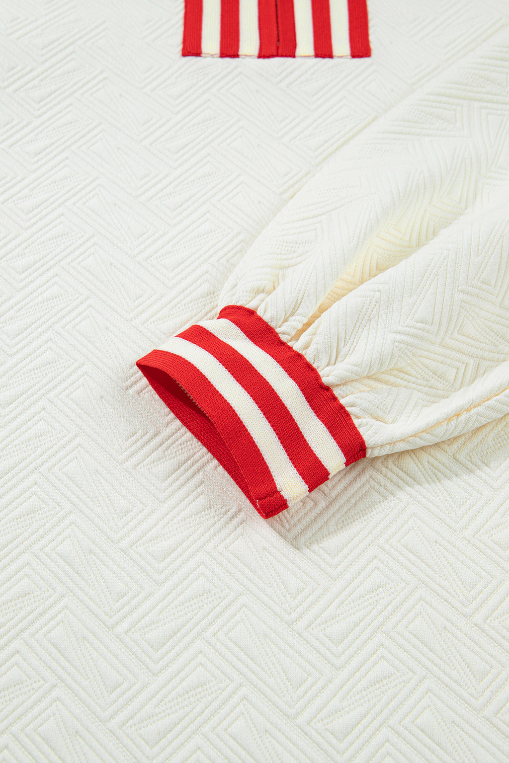 White Textured Knit Contrast Striped Accent Zipped Collar Pullover Top