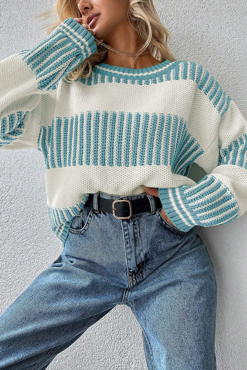 Light Blue Two Tone Striped Patchwork Drop Shoulder Loose Sweater