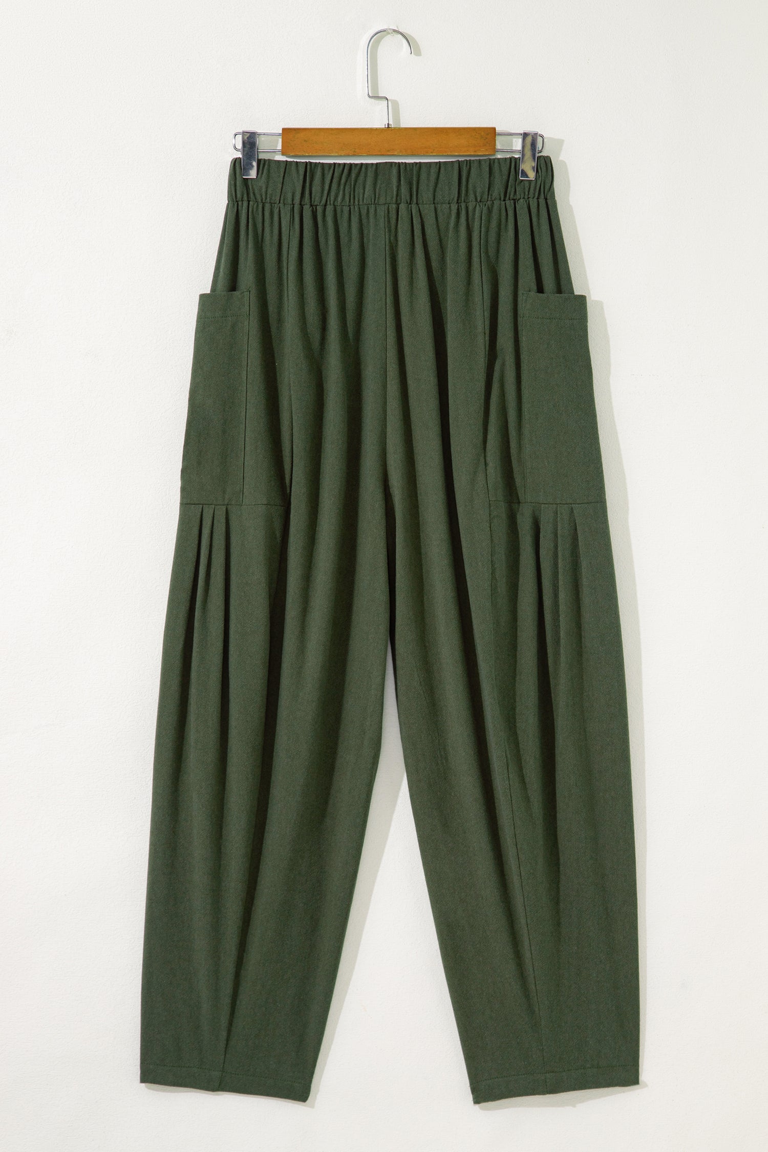 Jungle Green Drawstring Elastic Waist Patch Pocket Barrel Leg Casual Pants