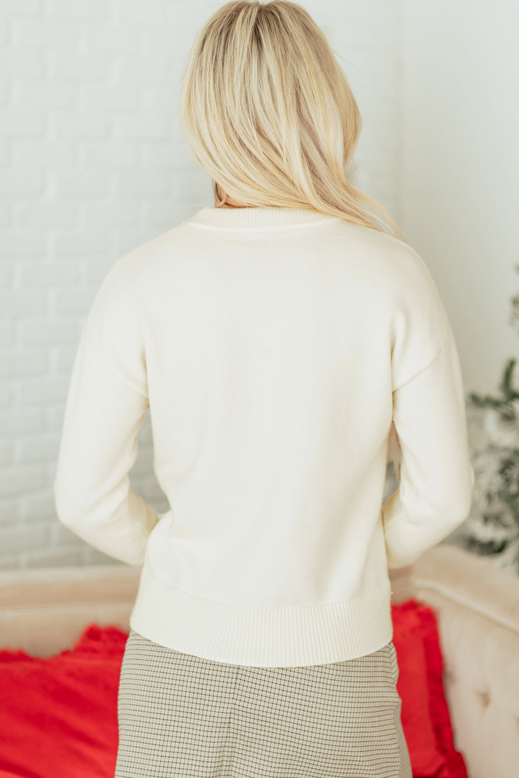 White Sequined Bow Graphic Christmas Holiday Sweater