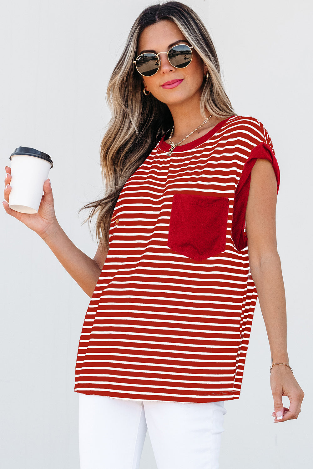 Red Stripe Chest Pocket Patch Round Neck Tank Top