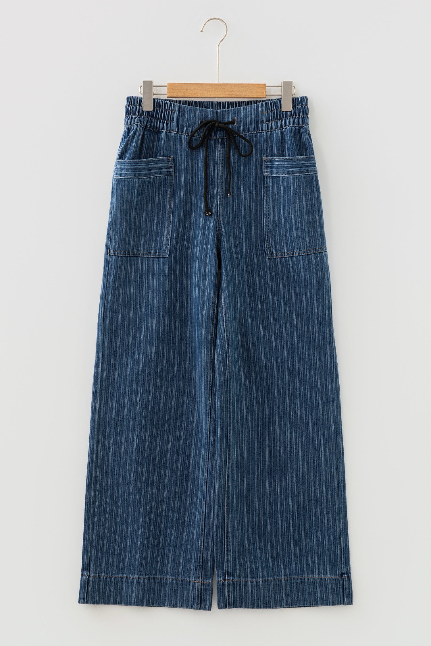 Blue Stripe Contrasted Drawstring Pocketed Loose Jeans