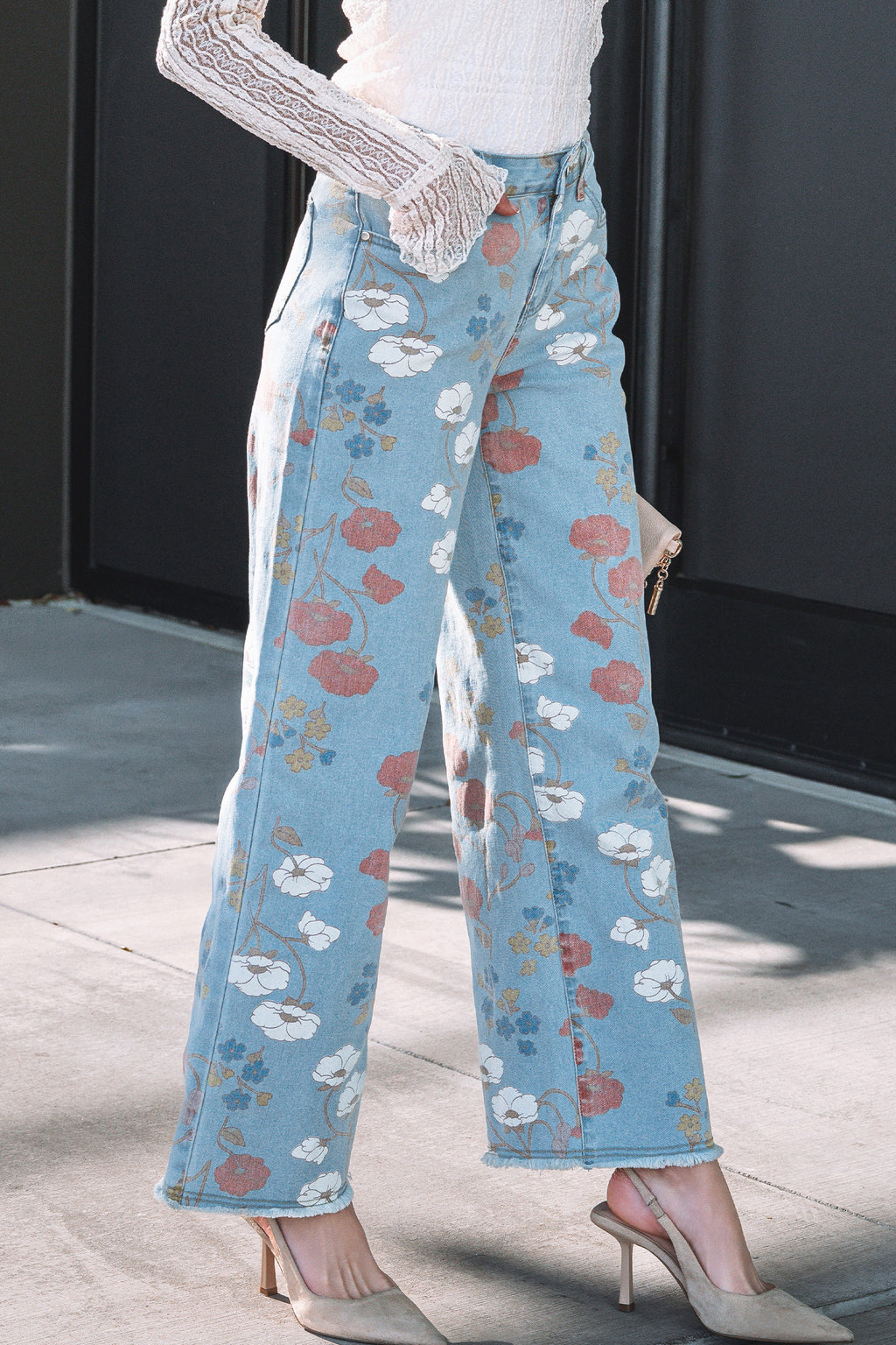 Sky Blue Floral Printed Raw Hem Shift Jeans