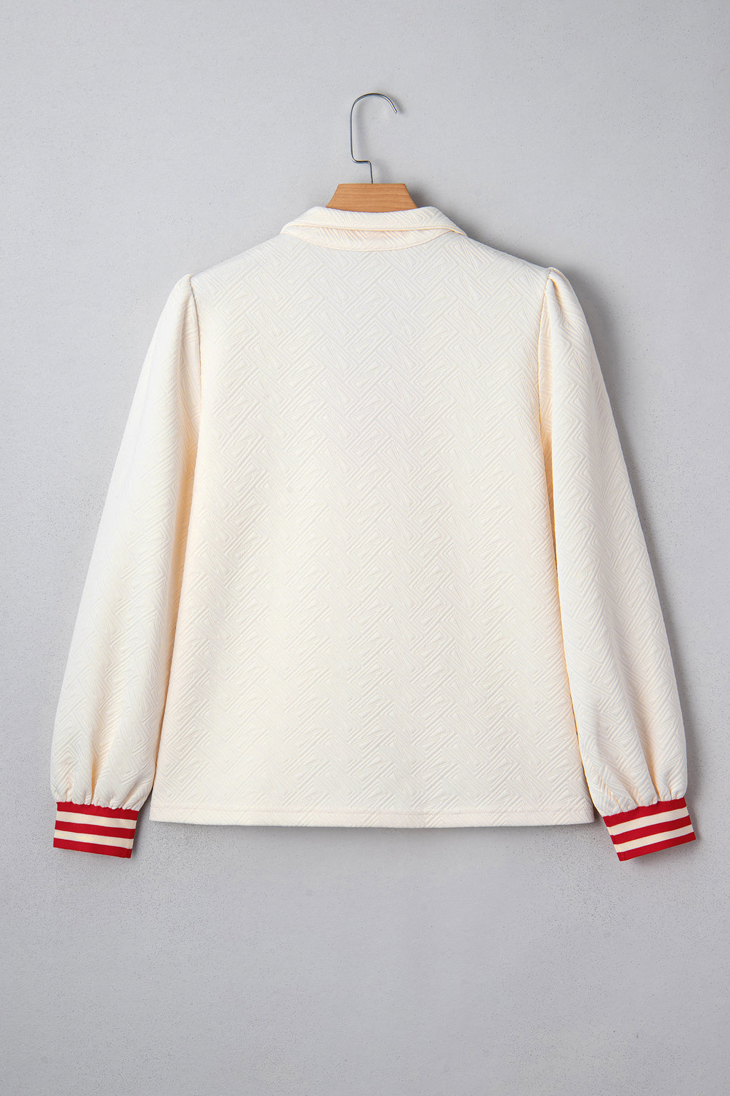 White Textured Knit Contrast Striped Accent Zipped Collar Pullover Top