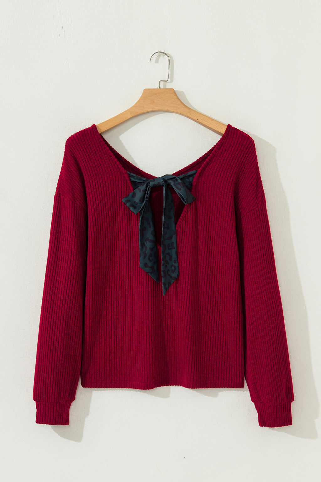 Racing Red Ribbed V Neck Contrast Ribbon Bow Back Drop Shoulder Long Sleeve Top