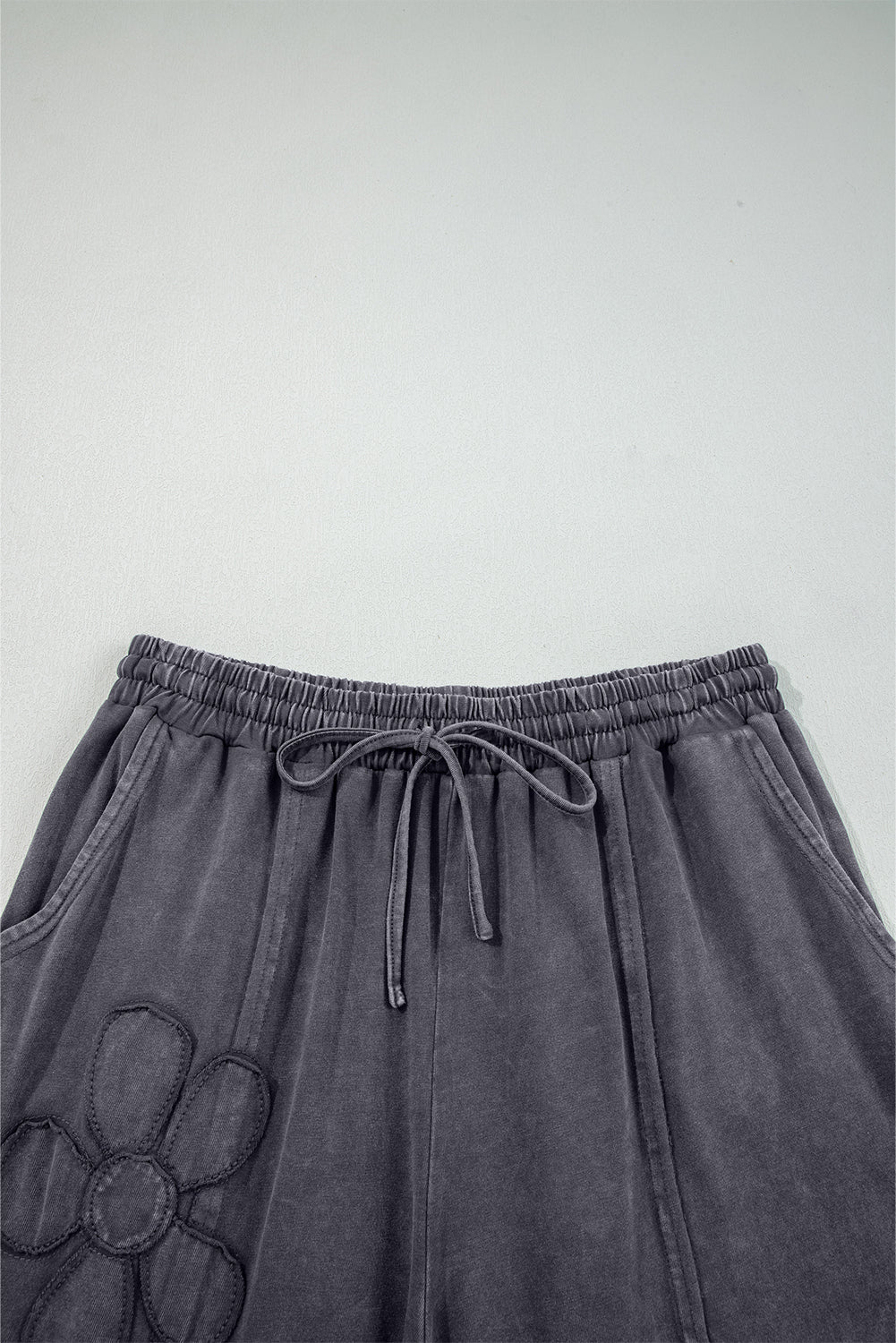 Light Grey Flower Patch Mineral Washed Terry Knit Cropped Wide Leg Pants