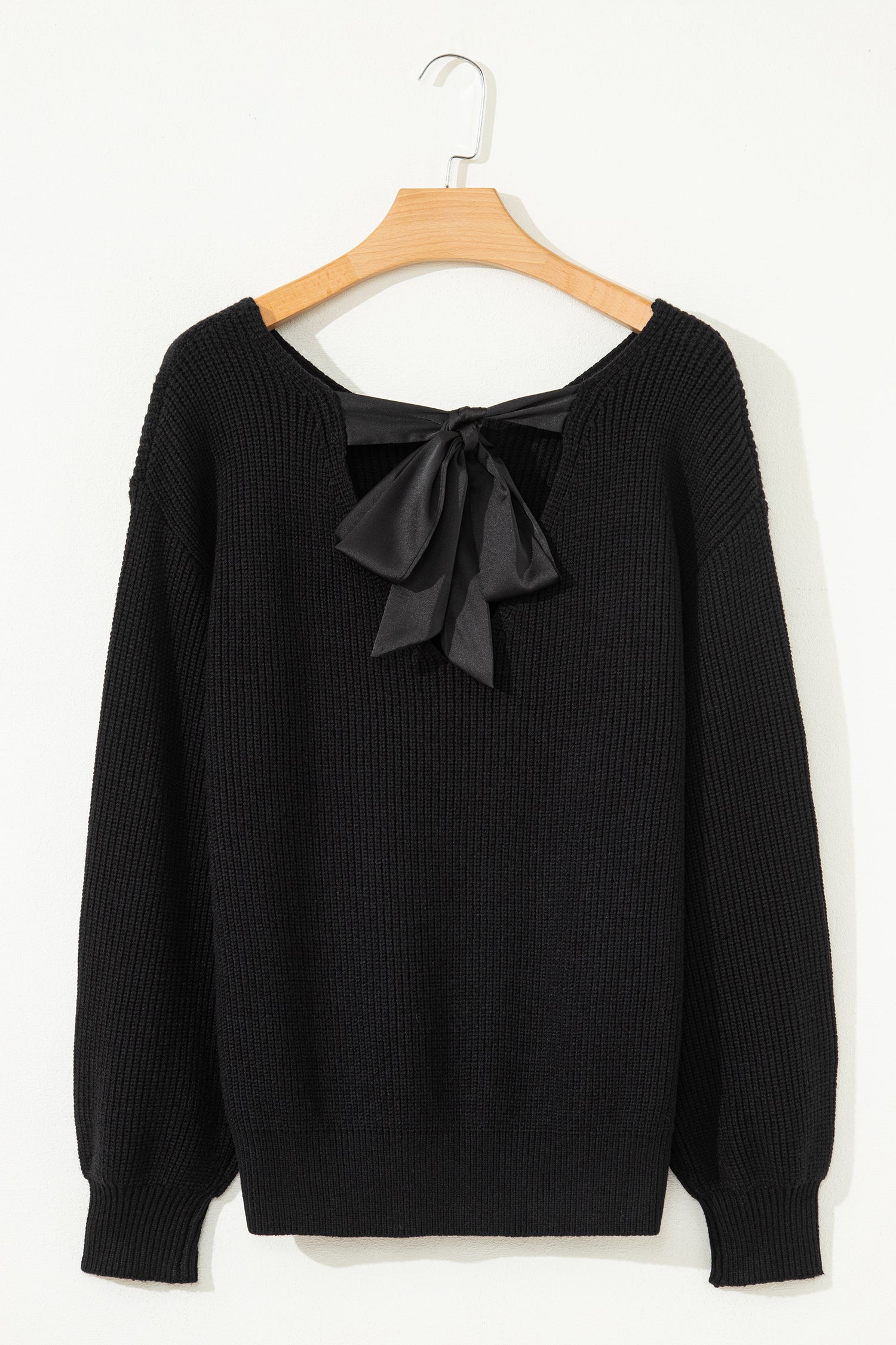Black Ribbed Knit Ribbon Knot Backless Drop Shoulder Sweater
