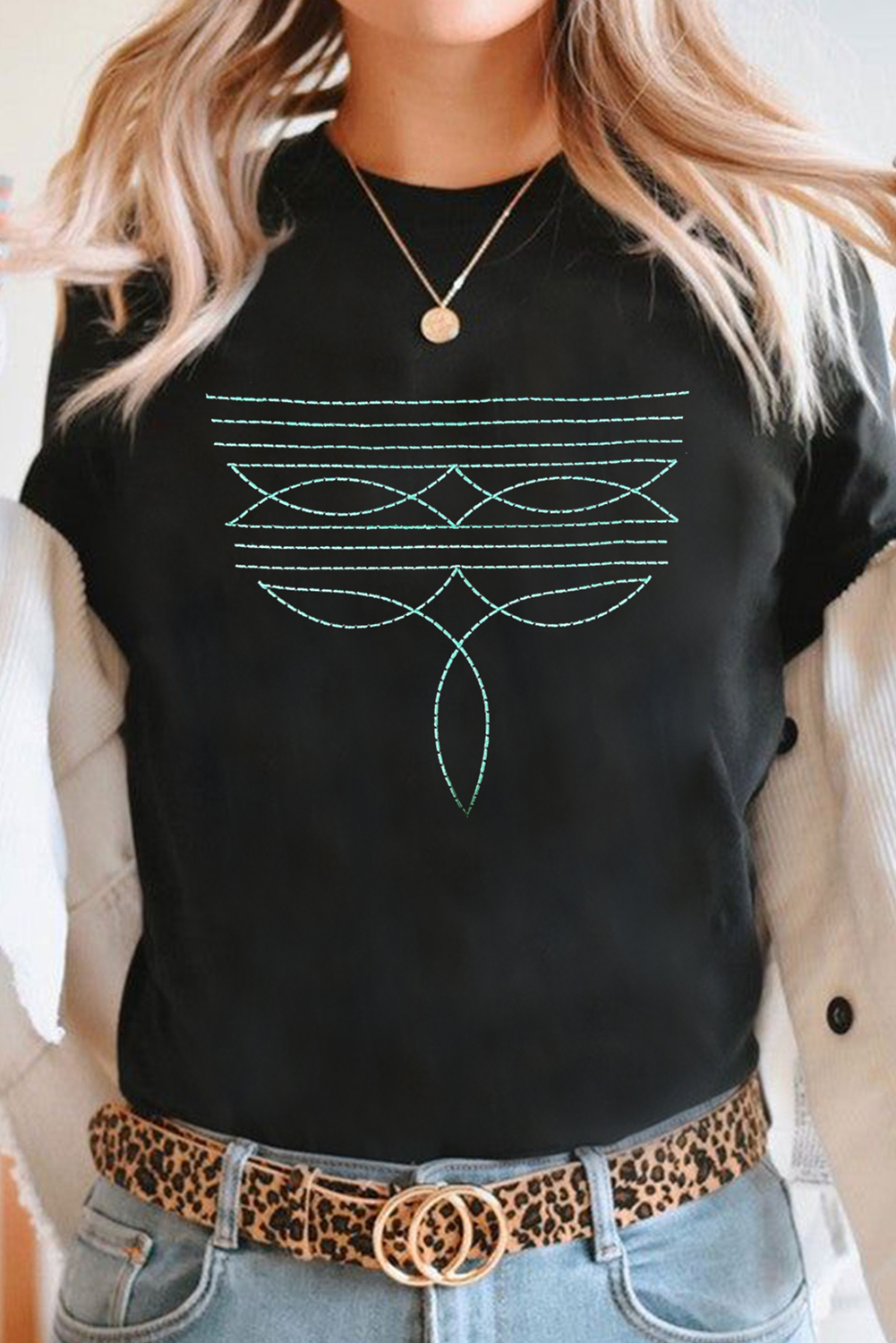 Black Western Fashion Geometric Embroidered T Shirt