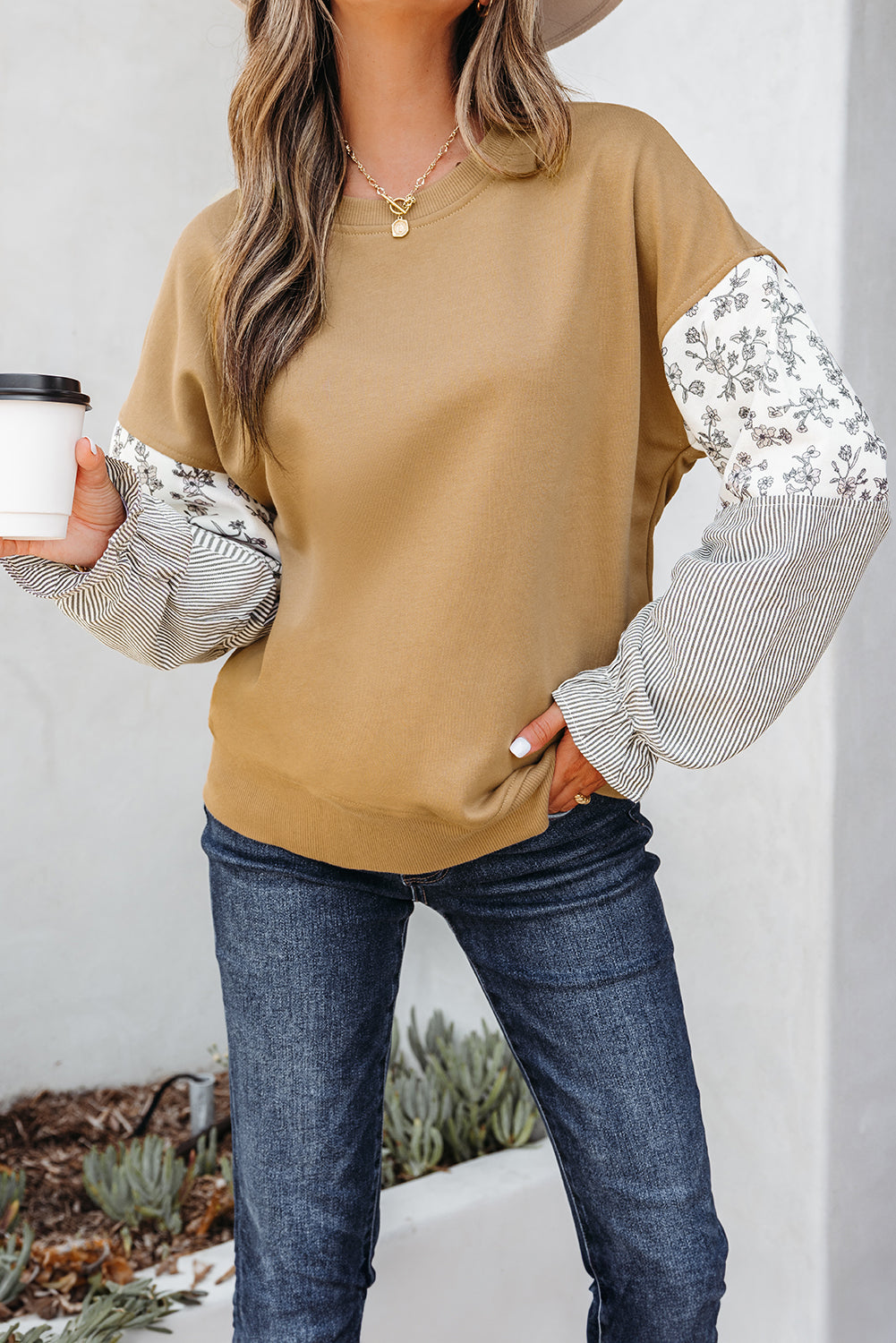 Camel Floral Striped Patchwork Ruffled Sleeve Crew Neck Sweatshirt