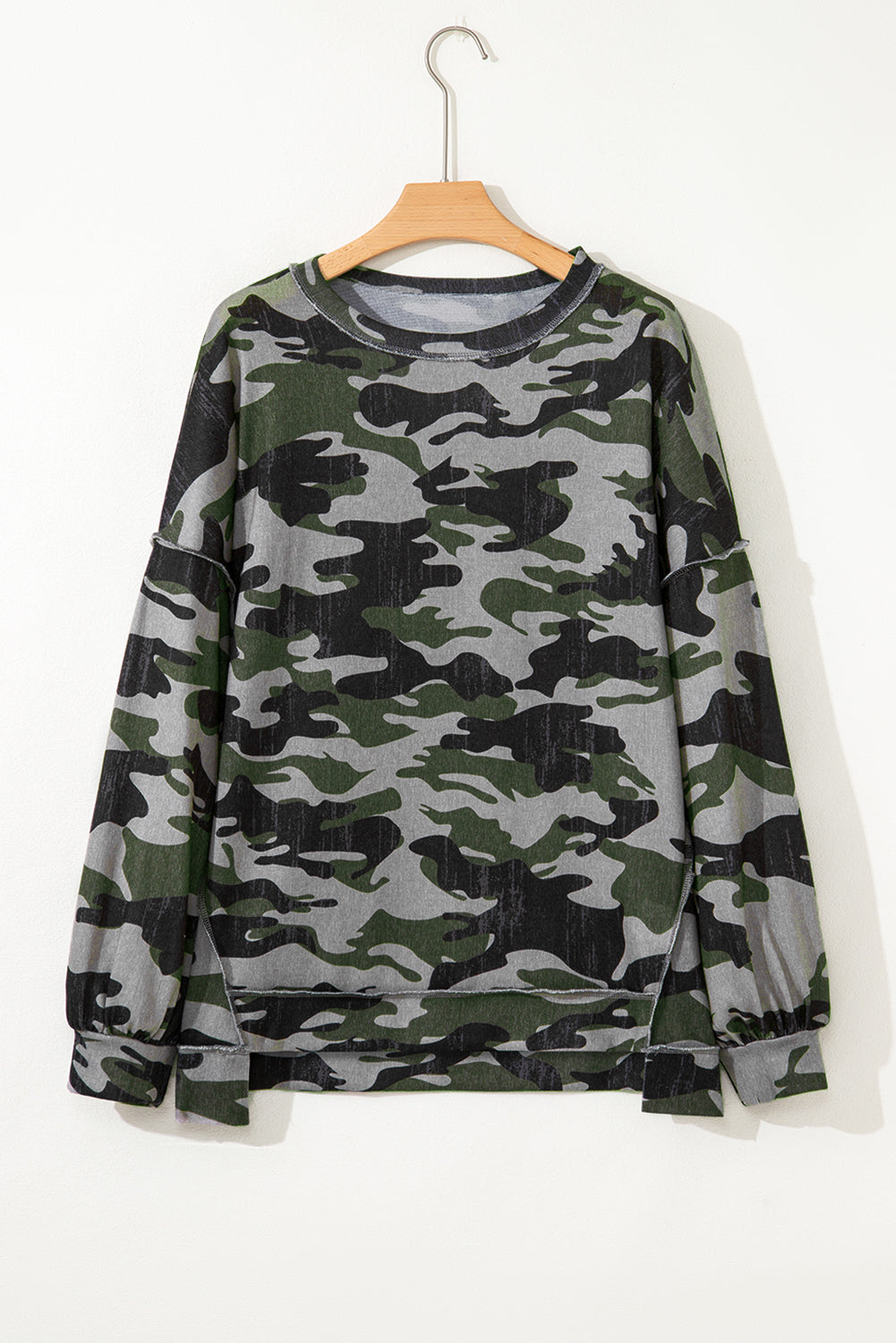 Green Retro Camouflage Print Exposed Seam Patchwork Drop Shoulder Sweatshirt