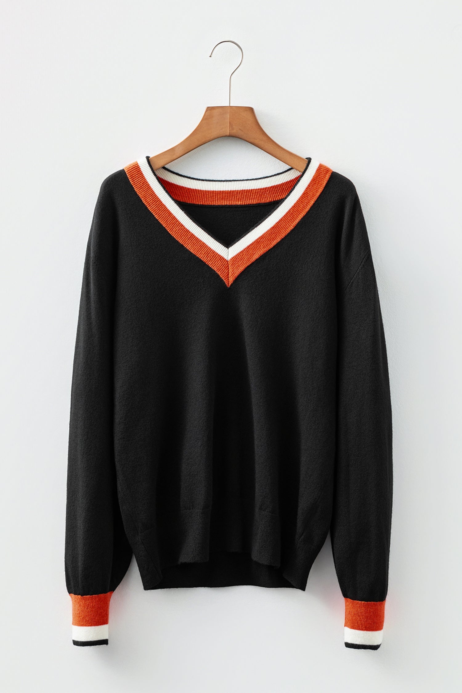 Black Contrast Striped Trim V Neck Varsity Sweater
