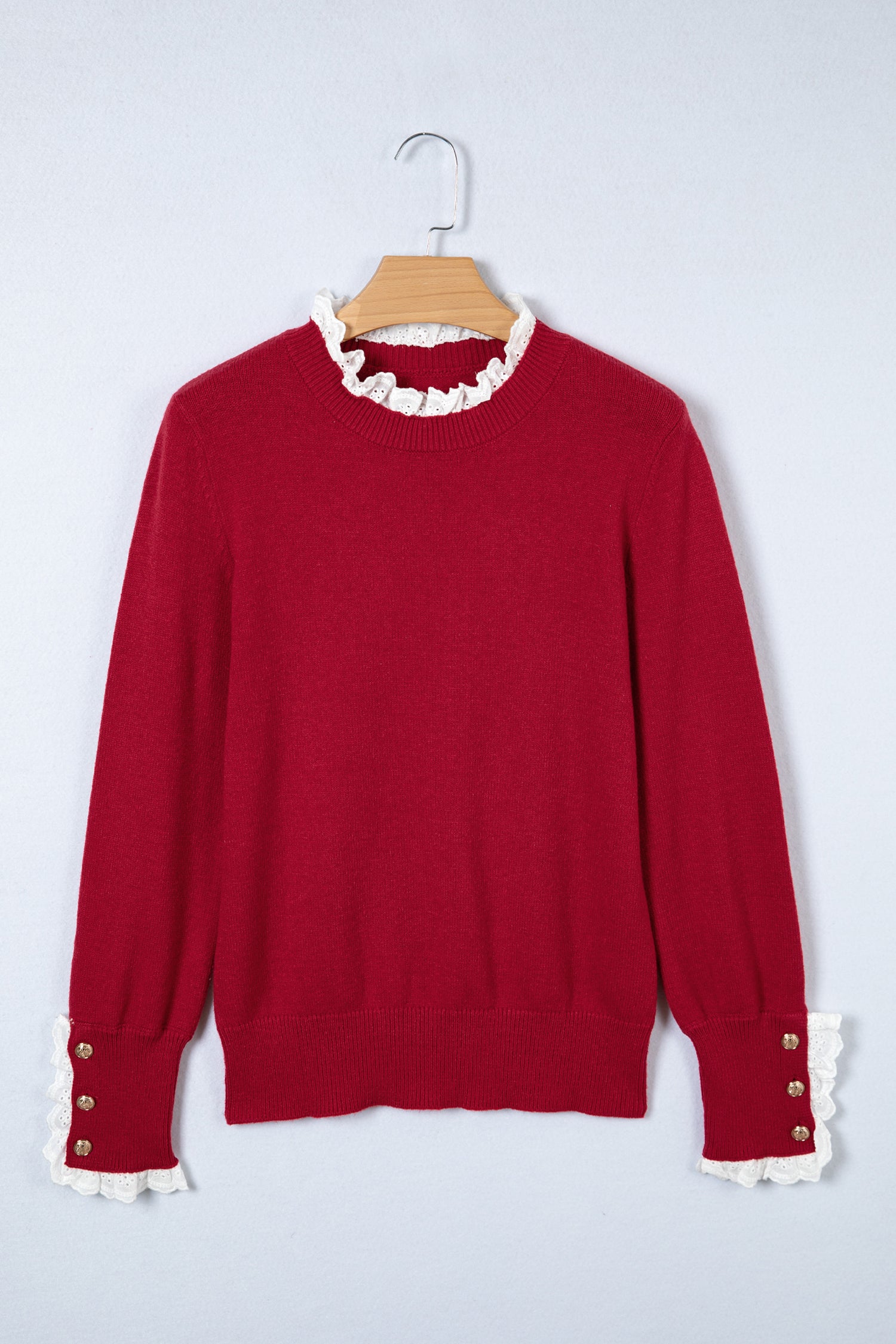 Racing Red Lace Trim Patchwork Buttoned Cuffs Loose Sweater